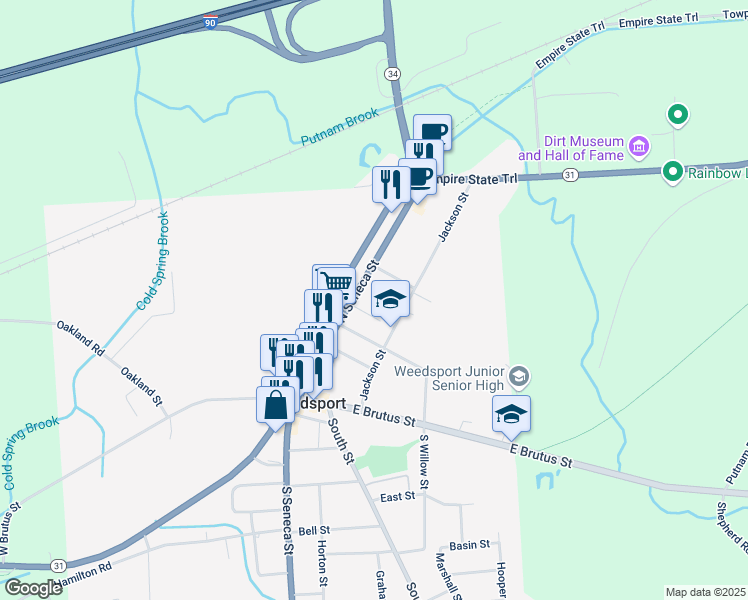 map of restaurants, bars, coffee shops, grocery stores, and more near 2735 Cottage Park in Weedsport