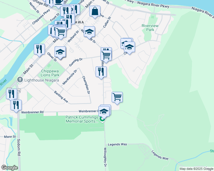 map of restaurants, bars, coffee shops, grocery stores, and more near 8700 Willoughby Drive in Niagara Falls
