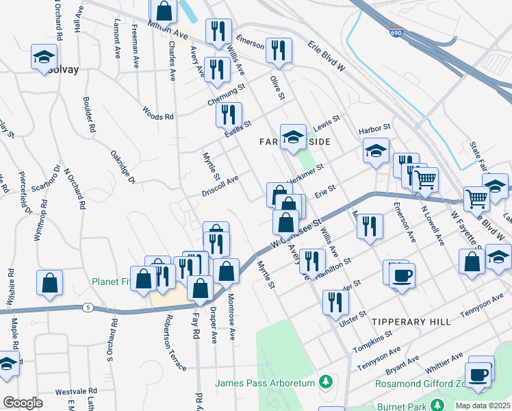 map of restaurants, bars, coffee shops, grocery stores, and more near 408-12 Erie Boulevard East in Syracuse