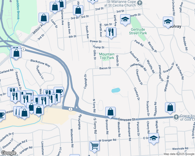 map of restaurants, bars, coffee shops, grocery stores, and more near 511 Hatherleigh Drive in Syracuse