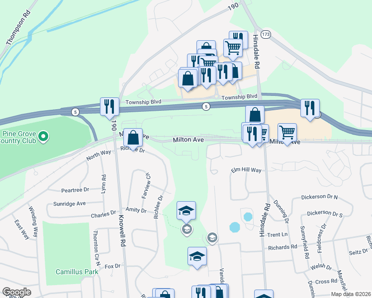 map of restaurants, bars, coffee shops, grocery stores, and more near 40 Arlington Square in Camillus