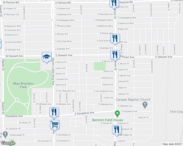 map of restaurants, bars, coffee shops, grocery stores, and more near 409 East Myrtle Avenue in Flint