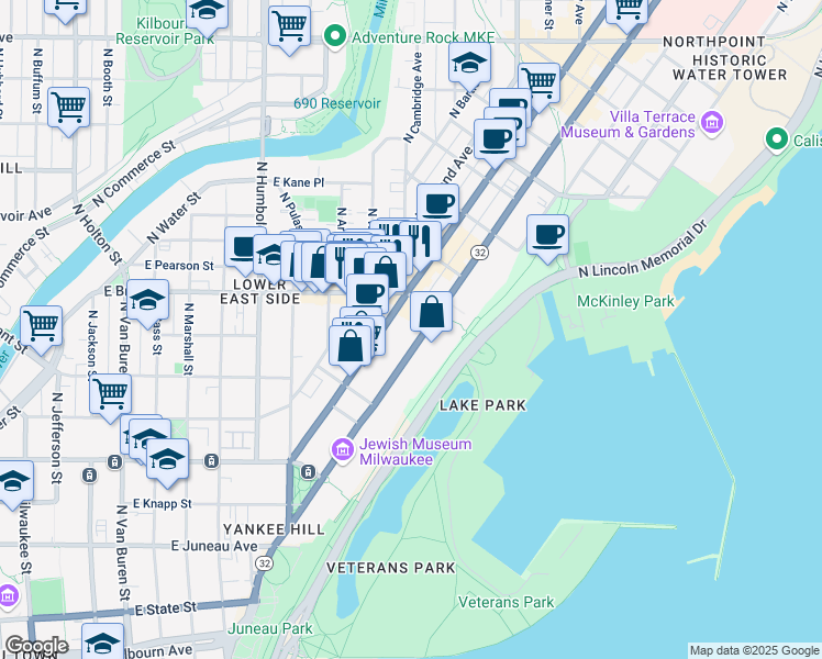 map of restaurants, bars, coffee shops, grocery stores, and more near 1633 North Prospect Avenue in Milwaukee