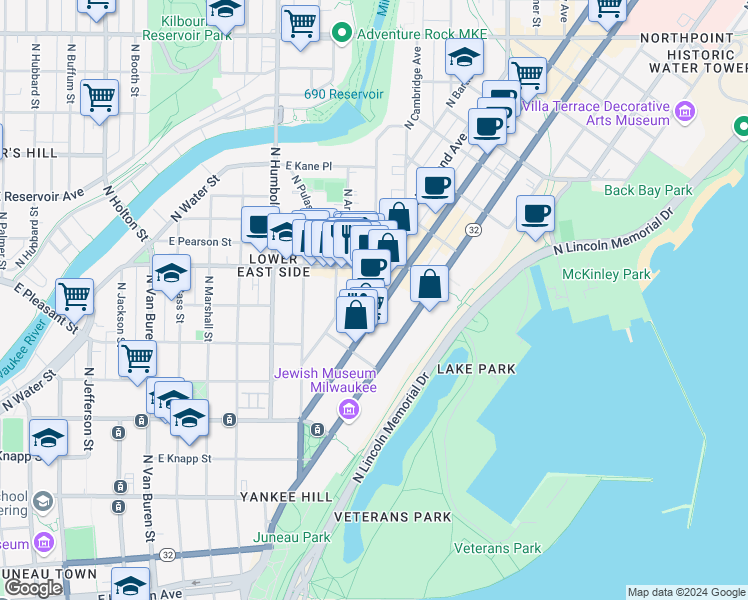 map of restaurants, bars, coffee shops, grocery stores, and more near 1601 North Farwell Avenue in Milwaukee