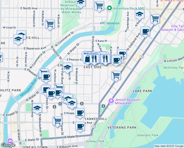 map of restaurants, bars, coffee shops, grocery stores, and more near 1637 North Humboldt Avenue in Milwaukee