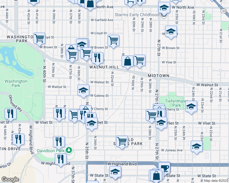 map of restaurants, bars, coffee shops, grocery stores, and more near 3124 West Galena Street in Milwaukee