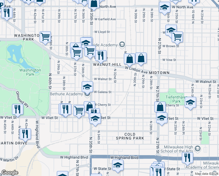 map of restaurants, bars, coffee shops, grocery stores, and more near 3307 West Galena Street in Milwaukee