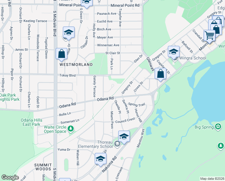 map of restaurants, bars, coffee shops, grocery stores, and more near 3 Frederick Circle in Madison