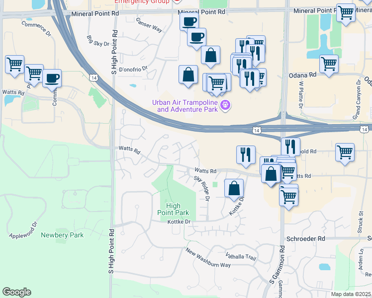 map of restaurants, bars, coffee shops, grocery stores, and more near 7345 Timber Lake Trail in Madison