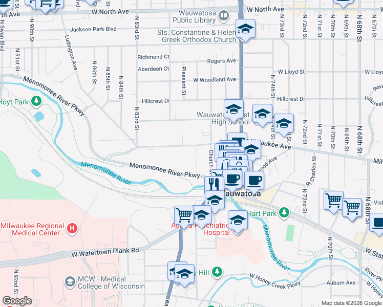 map of restaurants, bars, coffee shops, grocery stores, and more near 1532 Ridge Court in Wauwatosa