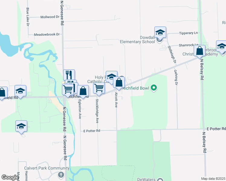 map of restaurants, bars, coffee shops, grocery stores, and more near 5191 Richfield Road in Flint