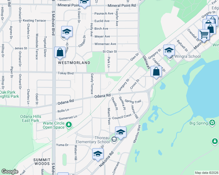map of restaurants, bars, coffee shops, grocery stores, and more near 3 Frederick Circle in Madison