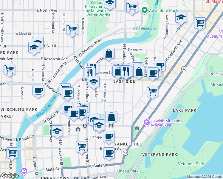 map of restaurants, bars, coffee shops, grocery stores, and more near 1657 North Astor Street in Milwaukee
