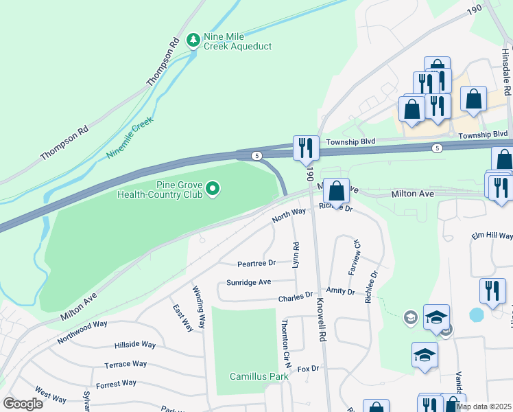 map of restaurants, bars, coffee shops, grocery stores, and more near 4045 190 in Camillus