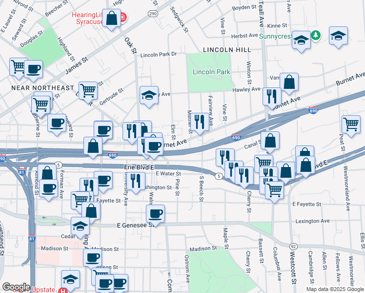 map of restaurants, bars, coffee shops, grocery stores, and more near in Syracuse