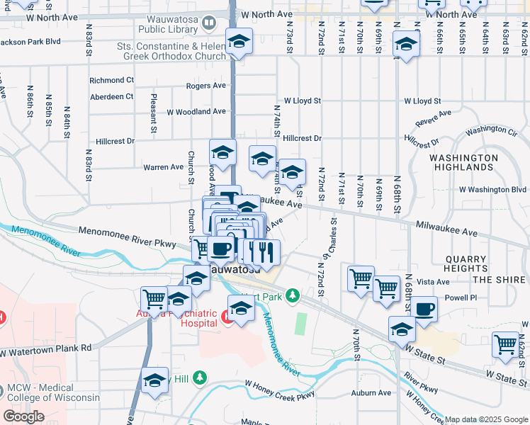 map of restaurants, bars, coffee shops, grocery stores, and more near in Wauwatosa
