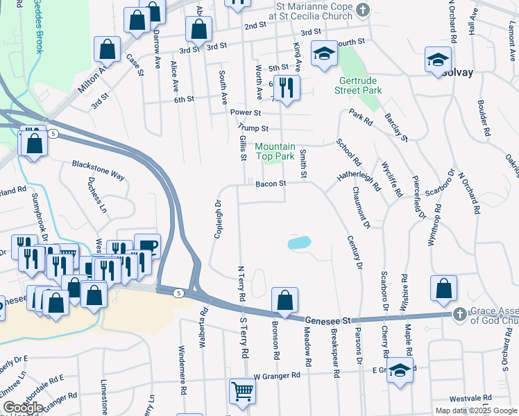 map of restaurants, bars, coffee shops, grocery stores, and more near 511 Hatherleigh Drive in Syracuse
