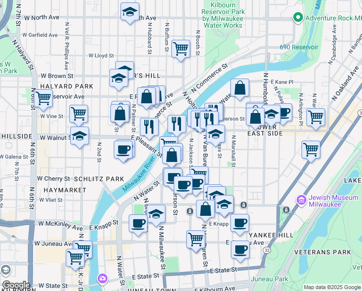 map of restaurants, bars, coffee shops, grocery stores, and more near 1640 North Water Street in Milwaukee