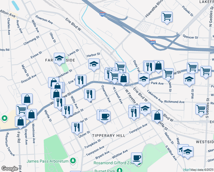 map of restaurants, bars, coffee shops, grocery stores, and more near 414 Emerson Avenue in Syracuse