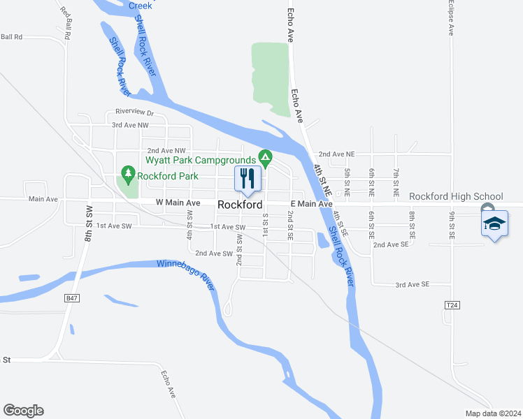 map of restaurants, bars, coffee shops, grocery stores, and more near 106 1st Street North in Rockford