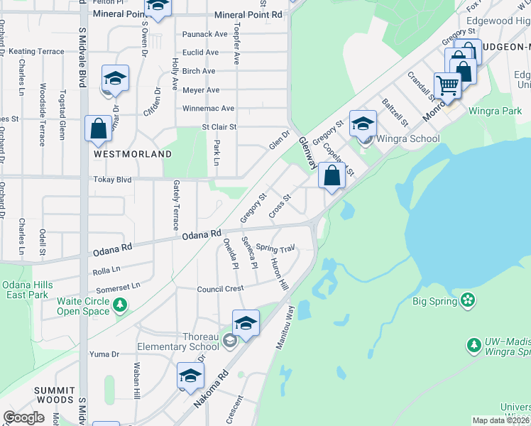 map of restaurants, bars, coffee shops, grocery stores, and more near 3714 Odana Road in Madison