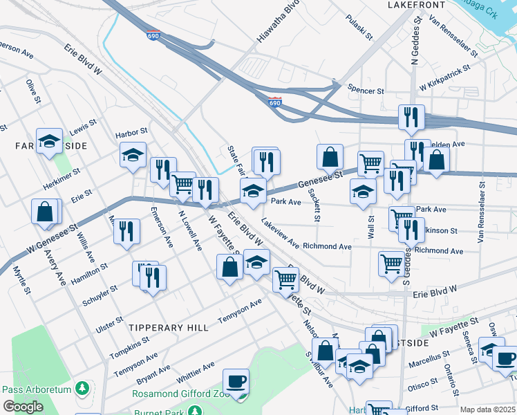 map of restaurants, bars, coffee shops, grocery stores, and more near 1001 Park Avenue in Syracuse