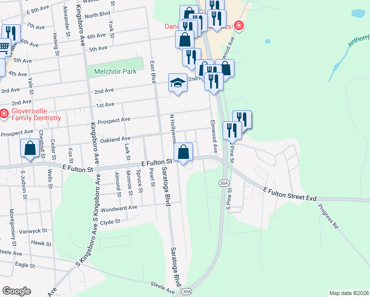 map of restaurants, bars, coffee shops, grocery stores, and more near 1 North Hollywood Avenue in Gloversville
