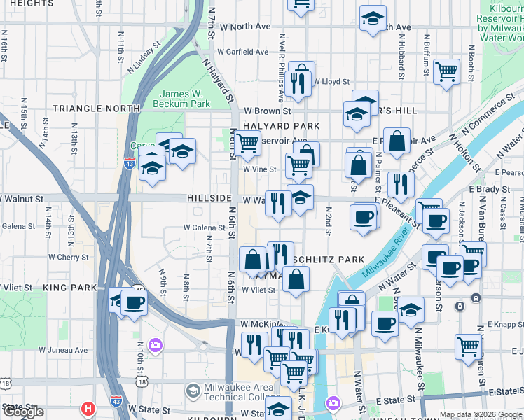 map of restaurants, bars, coffee shops, grocery stores, and more near 1615 Vel R. Phillips Avenue in Milwaukee