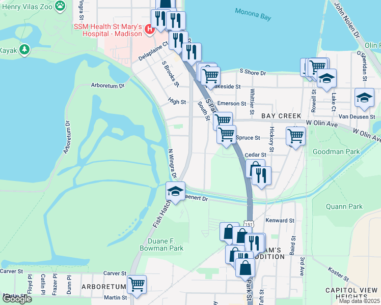 map of restaurants, bars, coffee shops, grocery stores, and more near 815 Cedar Street in Madison