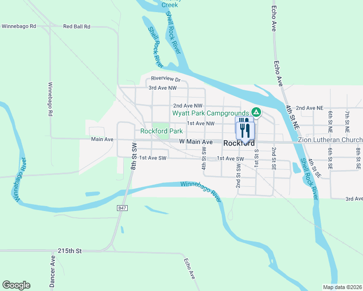map of restaurants, bars, coffee shops, grocery stores, and more near 504 1st Avenue Southwest in Rockford