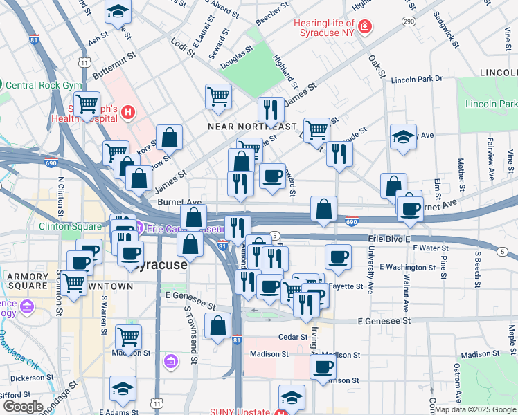 map of restaurants, bars, coffee shops, grocery stores, and more near 701 Erie Boulevard East in Syracuse