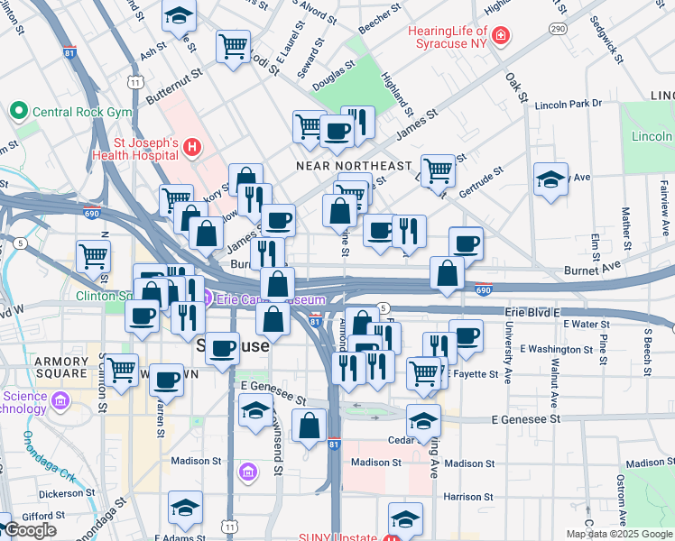 map of restaurants, bars, coffee shops, grocery stores, and more near 320 Burnet Avenue in Syracuse