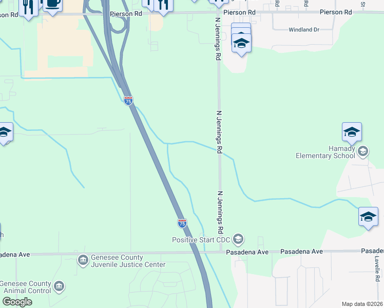 map of restaurants, bars, coffee shops, grocery stores, and more near 3213 North Jennings Road in Flint
