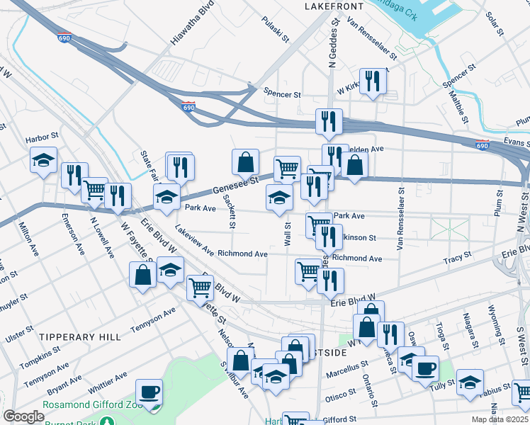 map of restaurants, bars, coffee shops, grocery stores, and more near 843 Park Avenue in Syracuse