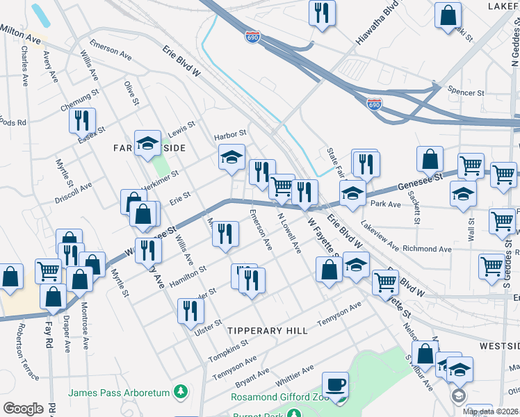 map of restaurants, bars, coffee shops, grocery stores, and more near 1607 West Genesee Street in Syracuse
