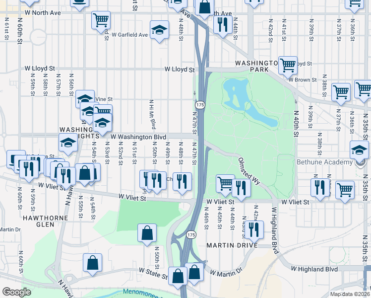 map of restaurants, bars, coffee shops, grocery stores, and more near 1556 North 48th Street in Milwaukee