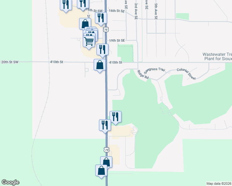 map of restaurants, bars, coffee shops, grocery stores, and more near 2390 Rivera Road in Sioux Center