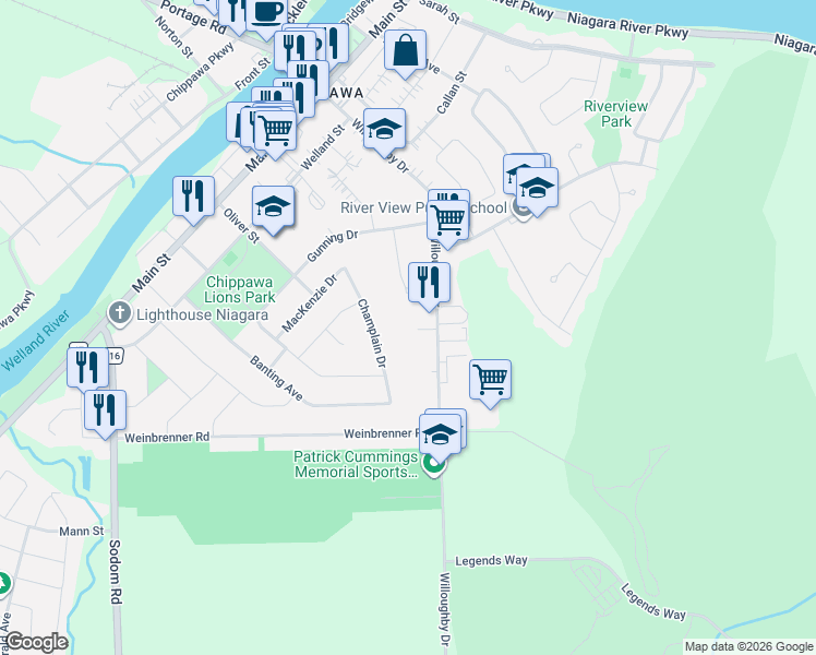 map of restaurants, bars, coffee shops, grocery stores, and more near 8689 Willoughby Drive in Niagara Falls