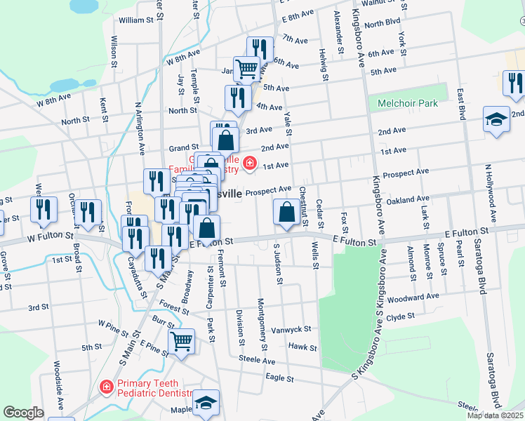 map of restaurants, bars, coffee shops, grocery stores, and more near 11 North Judson Street in Gloversville