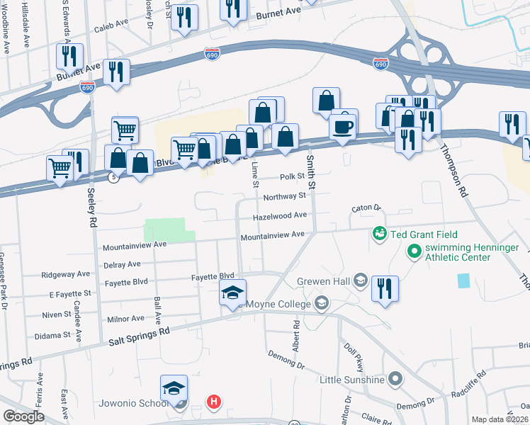 map of restaurants, bars, coffee shops, grocery stores, and more near 613 Mountainview Avenue in Syracuse