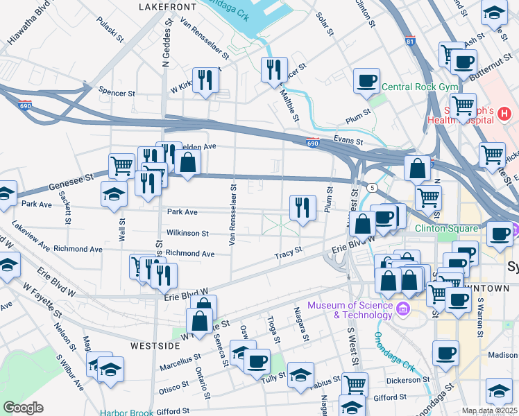 map of restaurants, bars, coffee shops, grocery stores, and more near 501 Park Avenue in Syracuse