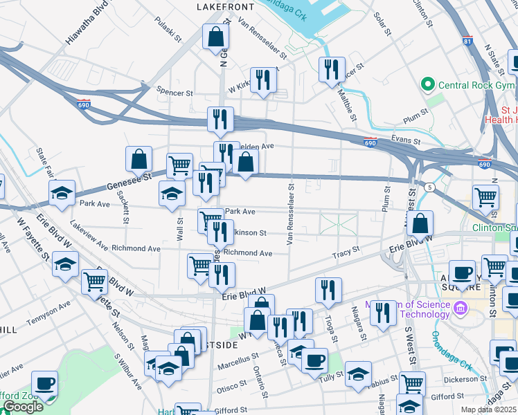 map of restaurants, bars, coffee shops, grocery stores, and more near 623 Park Avenue in Syracuse