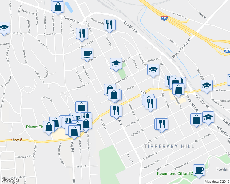 map of restaurants, bars, coffee shops, grocery stores, and more near 307 Erie Street in Syracuse