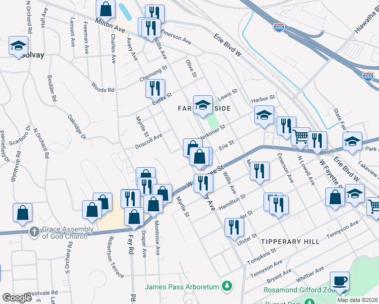 map of restaurants, bars, coffee shops, grocery stores, and more near in Syracuse
