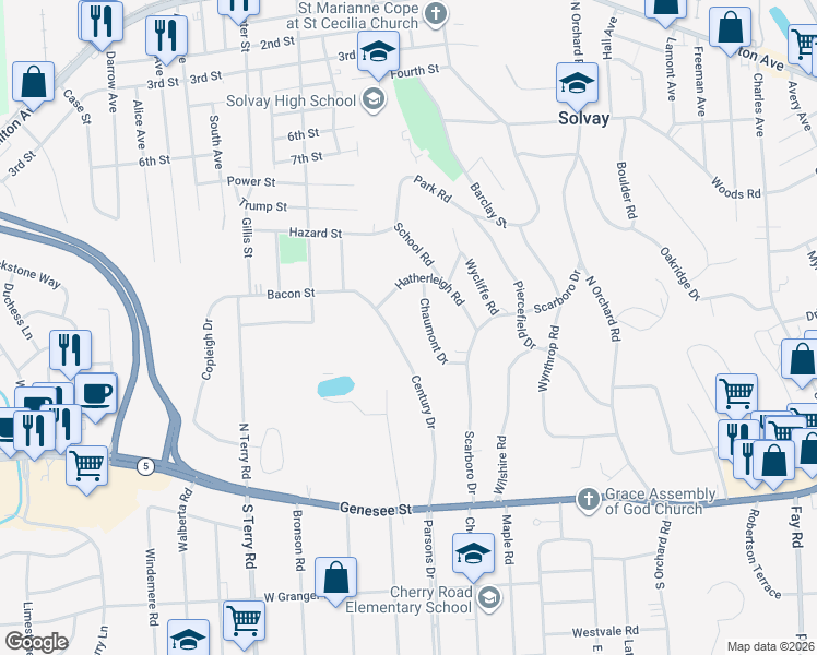 map of restaurants, bars, coffee shops, grocery stores, and more near 143 Century Drive in Syracuse