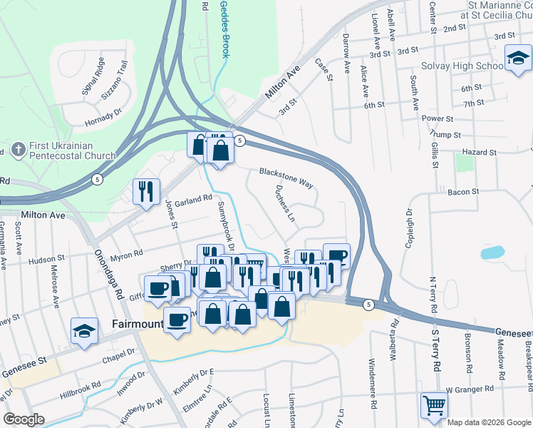 map of restaurants, bars, coffee shops, grocery stores, and more near 104 Olin Drive in Syracuse