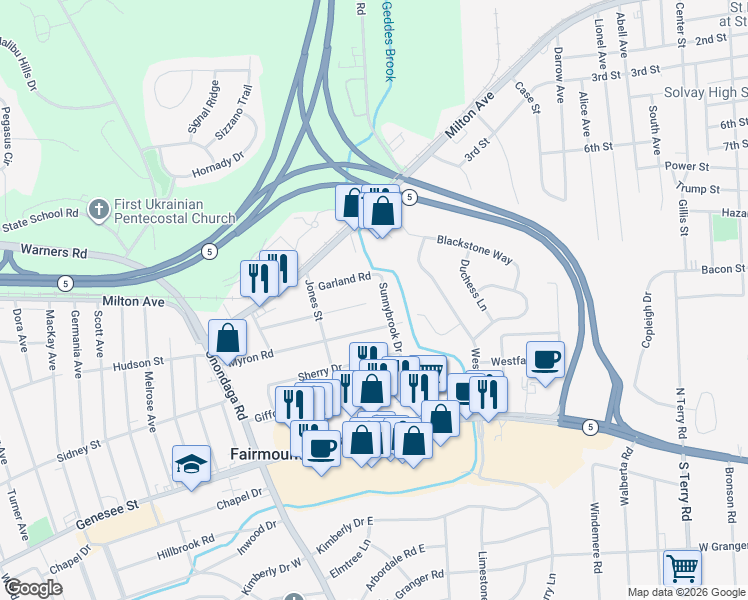 map of restaurants, bars, coffee shops, grocery stores, and more near 315 Myron Road in Syracuse