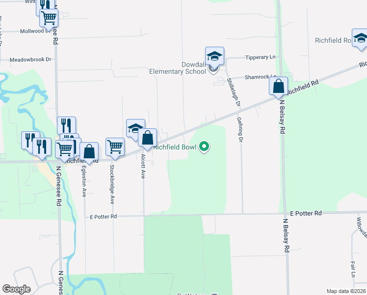 map of restaurants, bars, coffee shops, grocery stores, and more near 3136 Dot Avenue in Flint