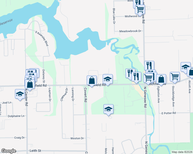 map of restaurants, bars, coffee shops, grocery stores, and more near 4444 Sugar Maple Run in Flint