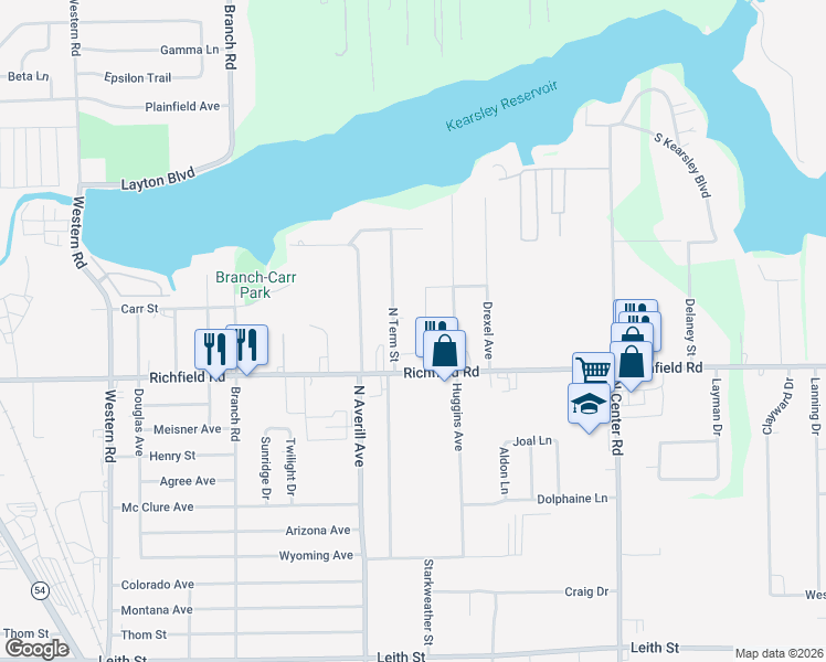 map of restaurants, bars, coffee shops, grocery stores, and more near 3333 Richfield Road in Flint